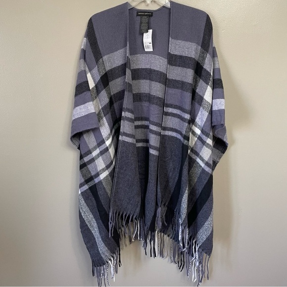 Banana Republic wool cashmere black purple stripe plaid shawl poncho one size - Picture 1 of 10